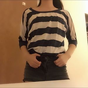 3/4 quarter sleeve navy blue and cream striped top